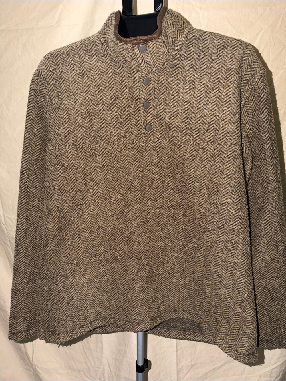 Orvis Brown Herringbone Button-Neck Crewneck Sweater